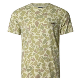 Performance bamboo blend short sleeve T-shirt with camouflage print, wildlife designs on pocket, breathable and stretchy, perfect for hunting, fishing, and outdoor activities.