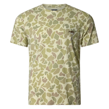 Performance bamboo blend short sleeve T-shirt with camouflage print, wildlife designs on pocket, breathable and stretchy, perfect for hunting, fishing, and outdoor activities.