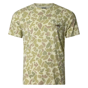 Performance bamboo blend short sleeve T-shirt with camouflage print, wildlife designs on pocket, breathable and stretchy, perfect for hunting, fishing, and outdoor activities.