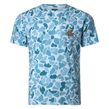 Performance bamboo blend short sleeve T-shirt with camouflage print, wildlife designs on pocket, breathable and stretchy, perfect for hunting, fishing, and outdoor activities.