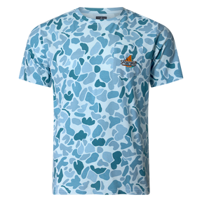 Performance bamboo blend short sleeve T-shirt with camouflage print, wildlife designs on pocket, breathable and stretchy, perfect for hunting, fishing, and outdoor activities.