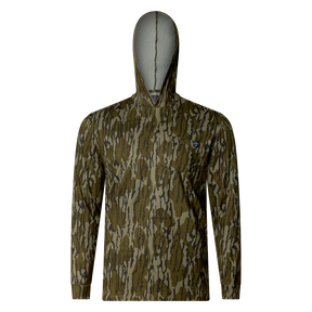 Lightweight bamboo long sleeve hoodie with UPF 50+ sun protection, moisture-wicking fabric, and breathable design for hunting, fishing, hiking, and outdoor adventures. Now available in Mossy Oak Bottomland.