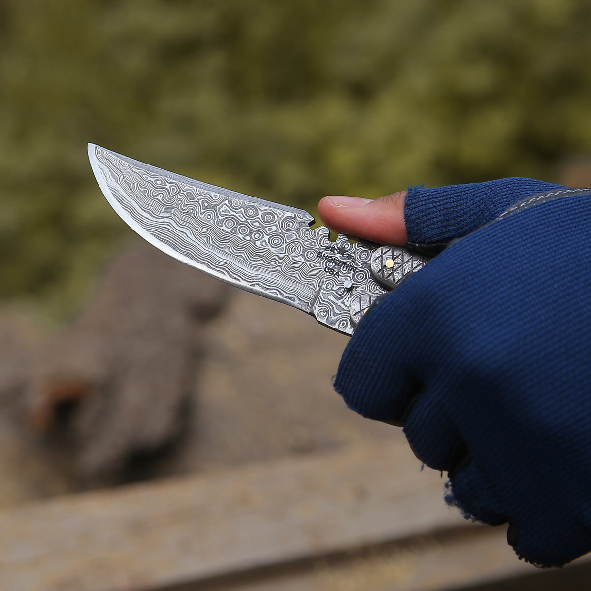 Lunar Damascus Butterfly Knife with Bull Horn Handle