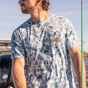 Performance bamboo blend short sleeve T-shirt with camouflage print, wildlife designs on pocket, breathable and stretchy, perfect for hunting, fishing, and outdoor activities.