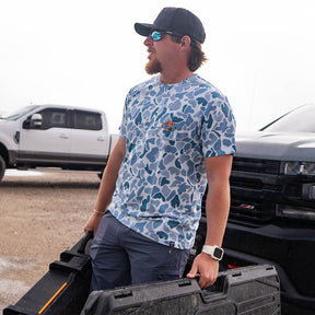 Performance bamboo blend short sleeve T-shirt with camouflage print, wildlife designs on pocket, breathable and stretchy, perfect for hunting, fishing, and outdoor activities.