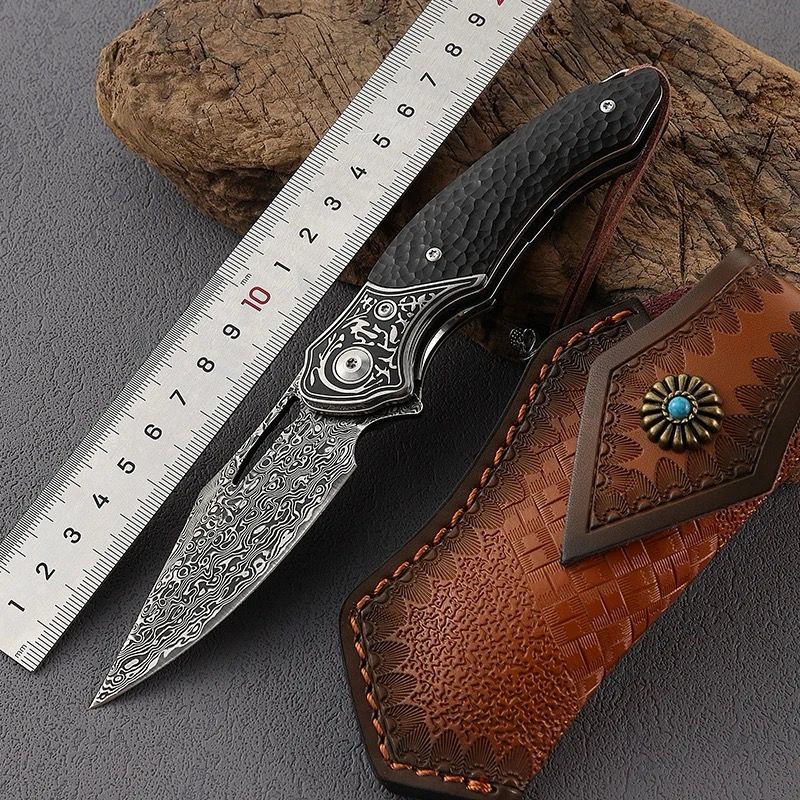 Thor Damascus Folding Knife with Exotic Ebony Wood Scales