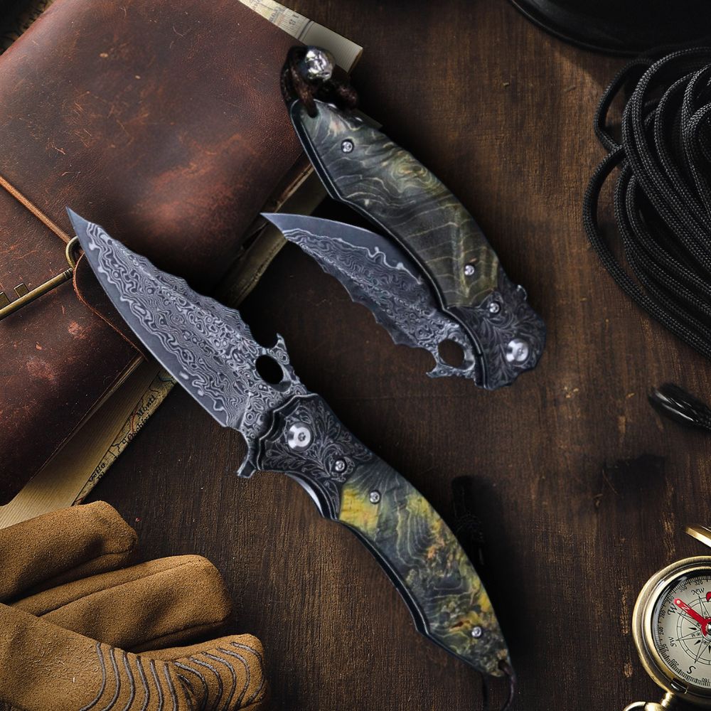Blackbird Japanese EDC Pocket Knife with Stained Maple Burl Wood Handle