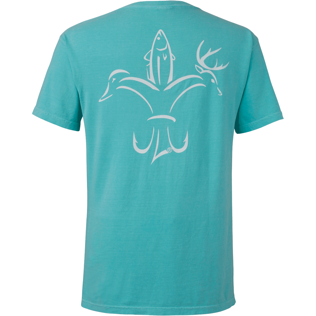 teal shirt with white Sportsman logo
