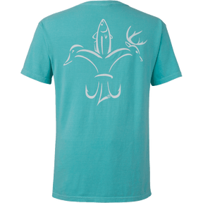 teal shirt with white Sportsman logo