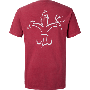 red shirt with white Sportsman logo