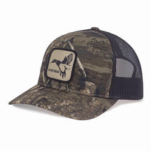 Timber camo hat with mallard patch and black mesh