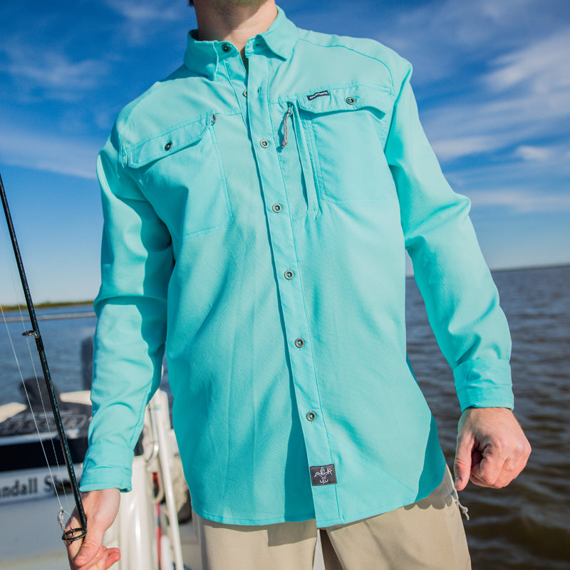 Blue Button Down Fishing Shirt - Sportsman Gear, Aqua / Small