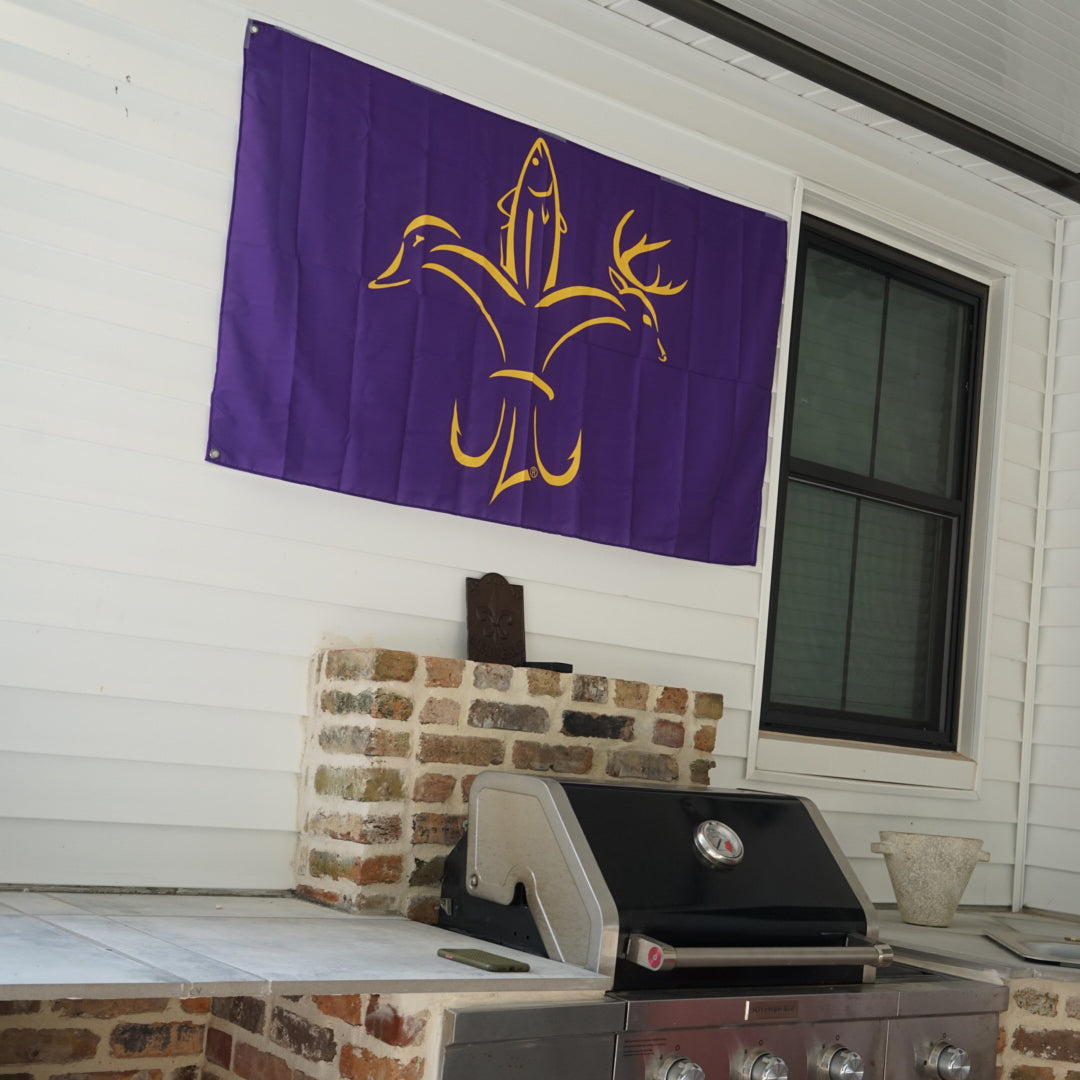 Sportsman Flag - LSU Purple & Gold - Deer, Duck, Fish Fleur-de-lis Design
