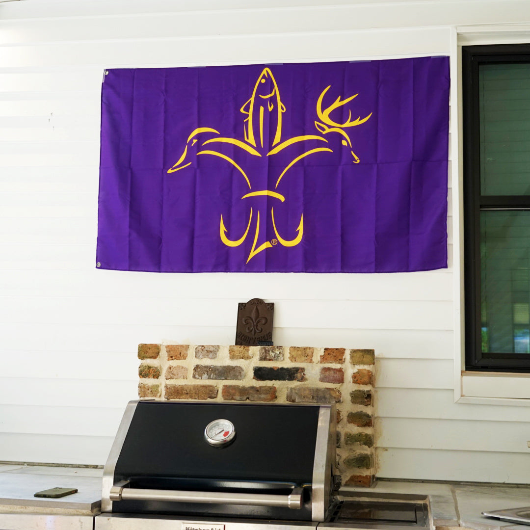 Sportsman Flag - LSU Purple & Gold - Deer, Duck, Fish Fleur-de-lis Design