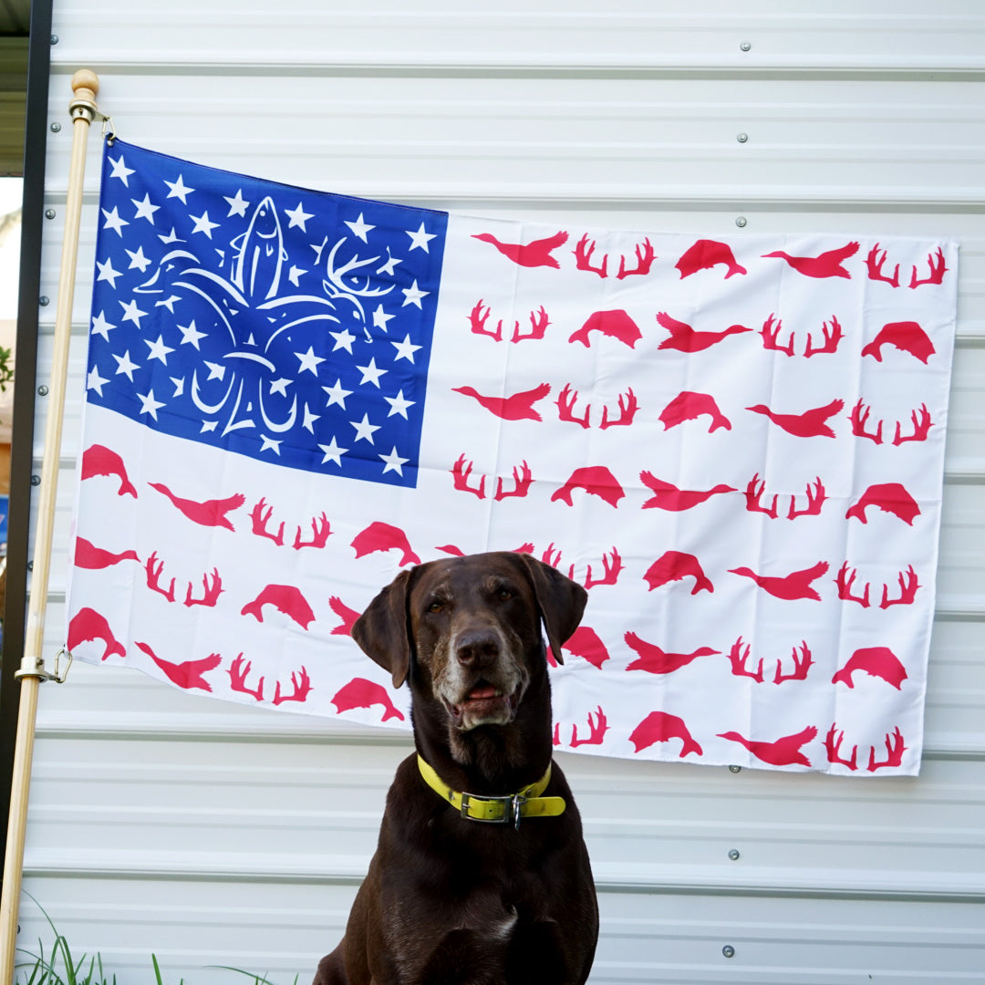 Sportsman Flag - American Red, White, & Blue - Deer, Duck, Fish Fleur-de-lis Design