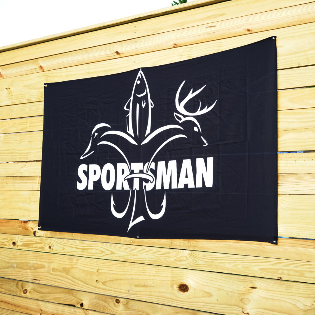 Sportsman Flag - Black & White - Deer, Duck, Fish Fleur-de-lis Design