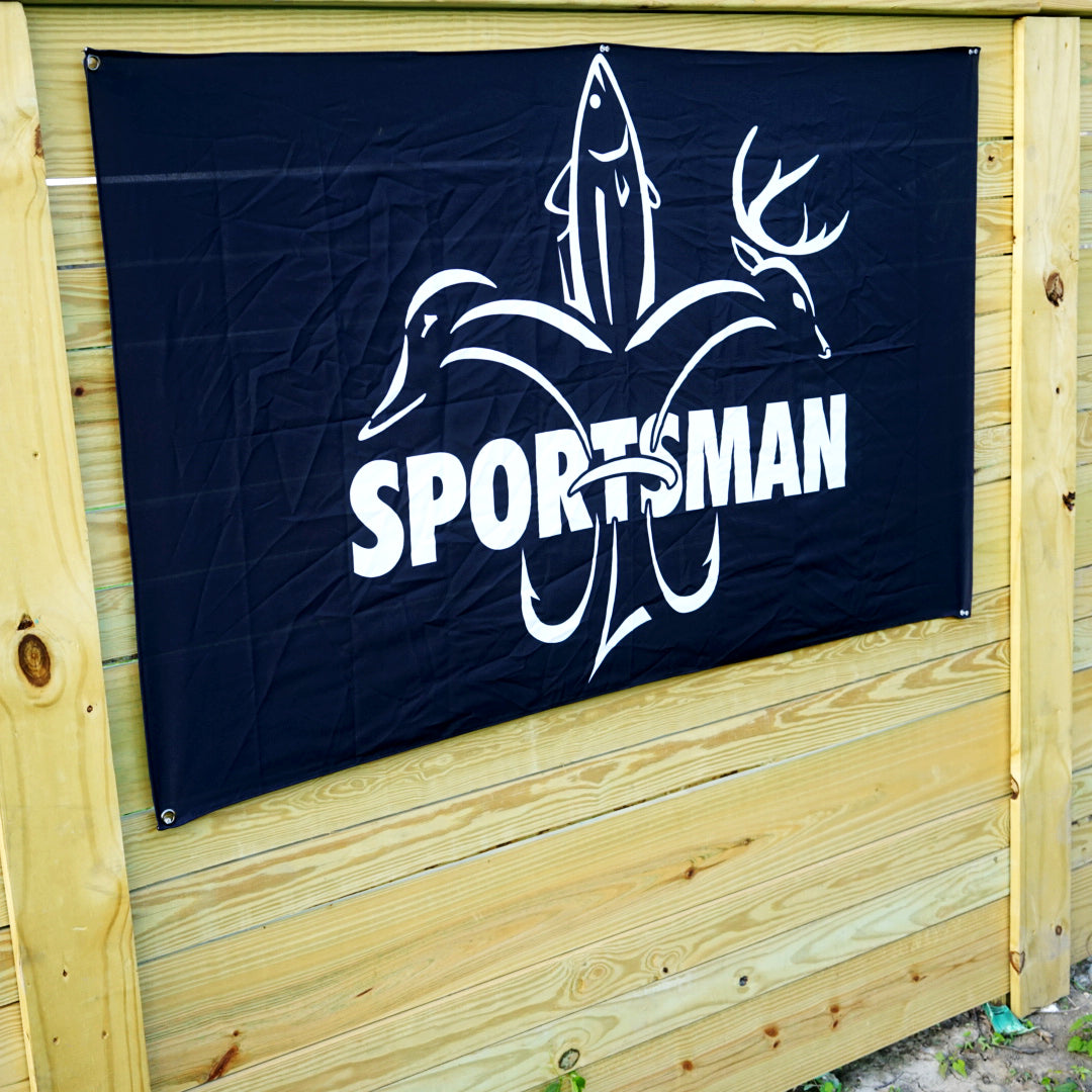 Sportsman Flag - Black & White - Deer, Duck, Fish Fleur-de-lis Design