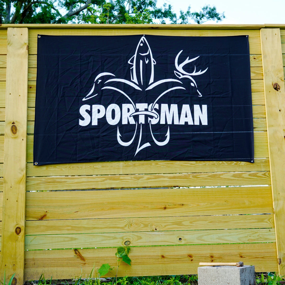 Sportsman Flag - Black & White - Deer, Duck, Fish Fleur-de-lis Design