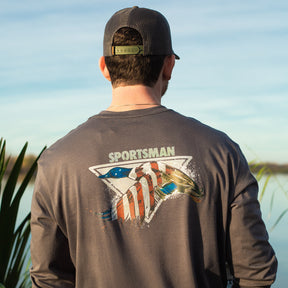 Grey long sleeve t shirt with USA mallard graphic.