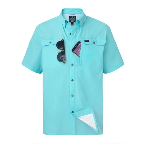 sportsman spooler short sleeve button down fishing shirt light blue 