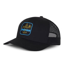 Sportsman Pitch Black Snapback Hat - mesh back black snapback - highlighter yellow deer, duck, fish fleur-de-lis with light blue text through logo