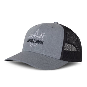 Sportsman hat - heather grey cotton front, dark navy mesh back, low pro shape, adjustable snapback - white deer, duck, fish fleur-de-lis with dark navy "Sportsman" through logo