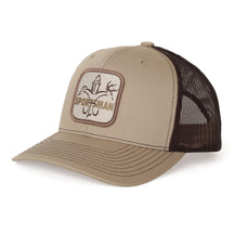 Sportsman Mid Pro Classic Khaki & Coffee Patch Hat - mesh back, cotton front, snapback - brown deer, duck, fish fleur-de-lis logo on khaki patch