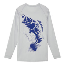 sportsman youth, kids long sleeve performance shirt - silver, grey - graphic bass design on back