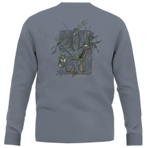 Gray long sleeve t shirt with Always in Season graphic on back.
