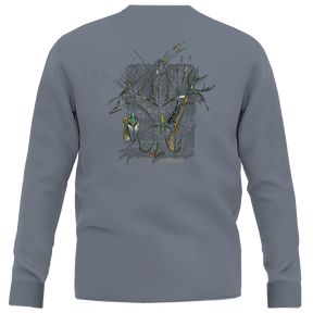 Gray long sleeve t shirt with Always in Season graphic on back.