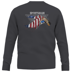 Dark grey long sleeve t shirt with USA mallard graphic.