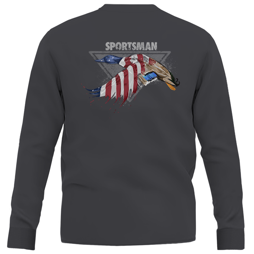Dark grey long sleeve t shirt with USA mallard graphic.