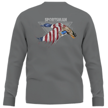 Grey long sleeve t shirt with USA mallard graphic.