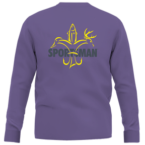 Purple & Gold LSU Sportsman Long Sleeve Shirt - deer, duck, fish fleur-de-lis logo