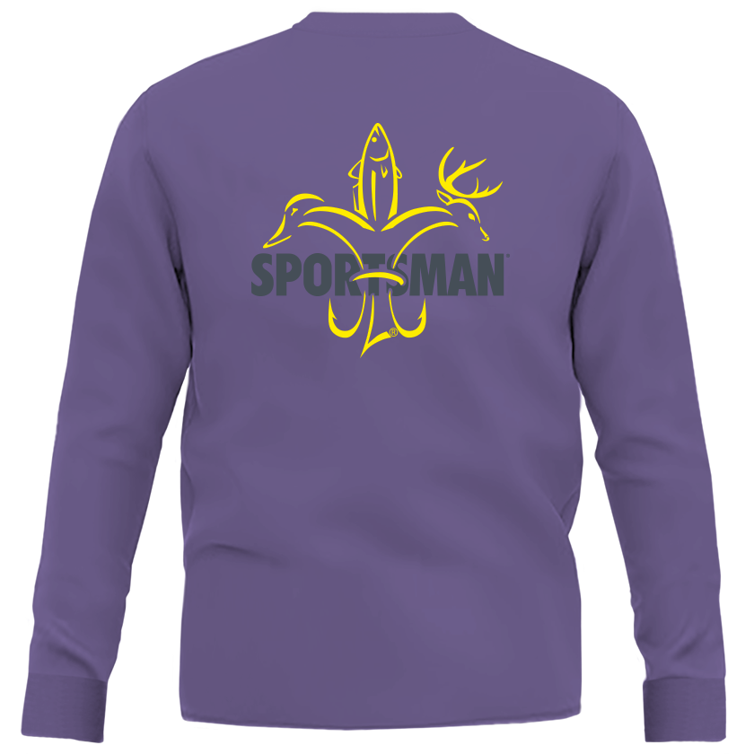 Purple & Gold LSU Sportsman Long Sleeve Shirt - deer, duck, fish fleur-de-lis logo