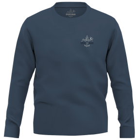  Navy long sleeve t shirt with Always in Season graphic on back.