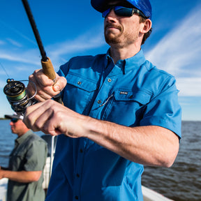 sportsman spooler short sleeve button down fishing shirt blue 