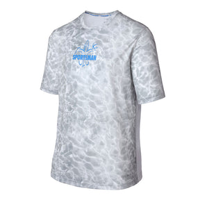 Sportsman cool breeze short sleeve performance fishing shirt white and grey - blue deer duck fish hook fleur-de-lis logo