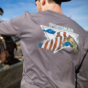 Grey long sleeve t shirt with USA mallard graphic.