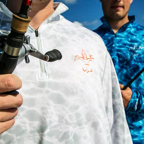 Sportsman cool breeze quarter zips long sleeve performance fishing shirts bluewater and whitewater - deer duck fish hook fleur-de-lis logo