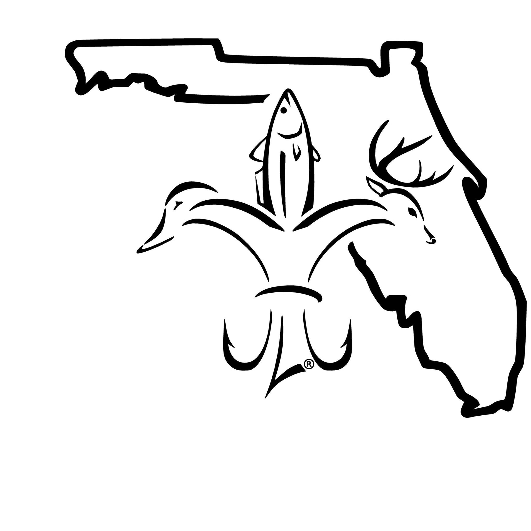 Florida Sportsman State Decal - Deer, duck, fish, hook fleur-de-lis logo