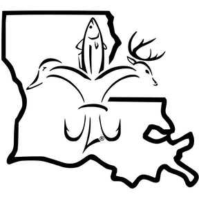 Louisiana Sportsman State Decal - Deer, duck, fish, hook fleur-de-lis logo