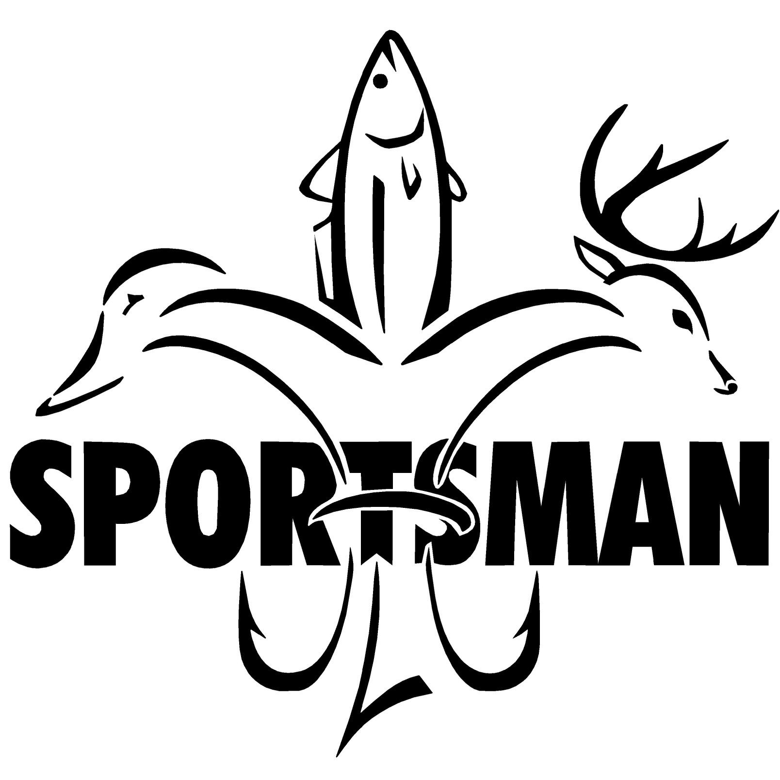 Sportsman Decal W/ Word - Deer Duck Fish Hook Fleur De Lis Logo with Sportsman written through it.