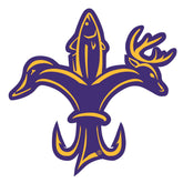 Sportsman Purple & Gold Decal - Deer, duck, and fish fleur-de-lis logo.