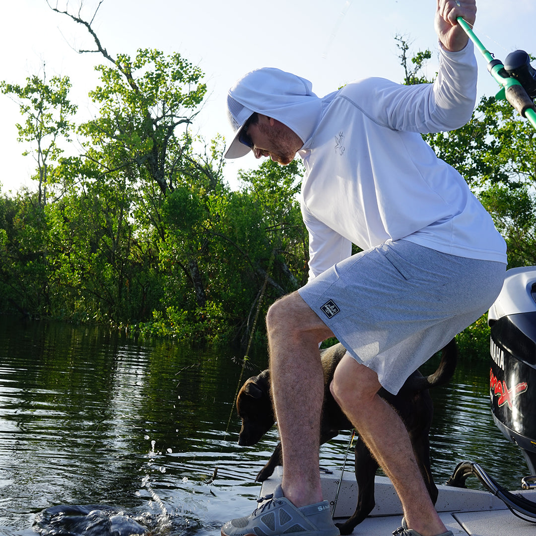 Heather Grey Pacific Board Shorts & White Hydrotech Performance Fishing Hoodie - Sportsman Gear