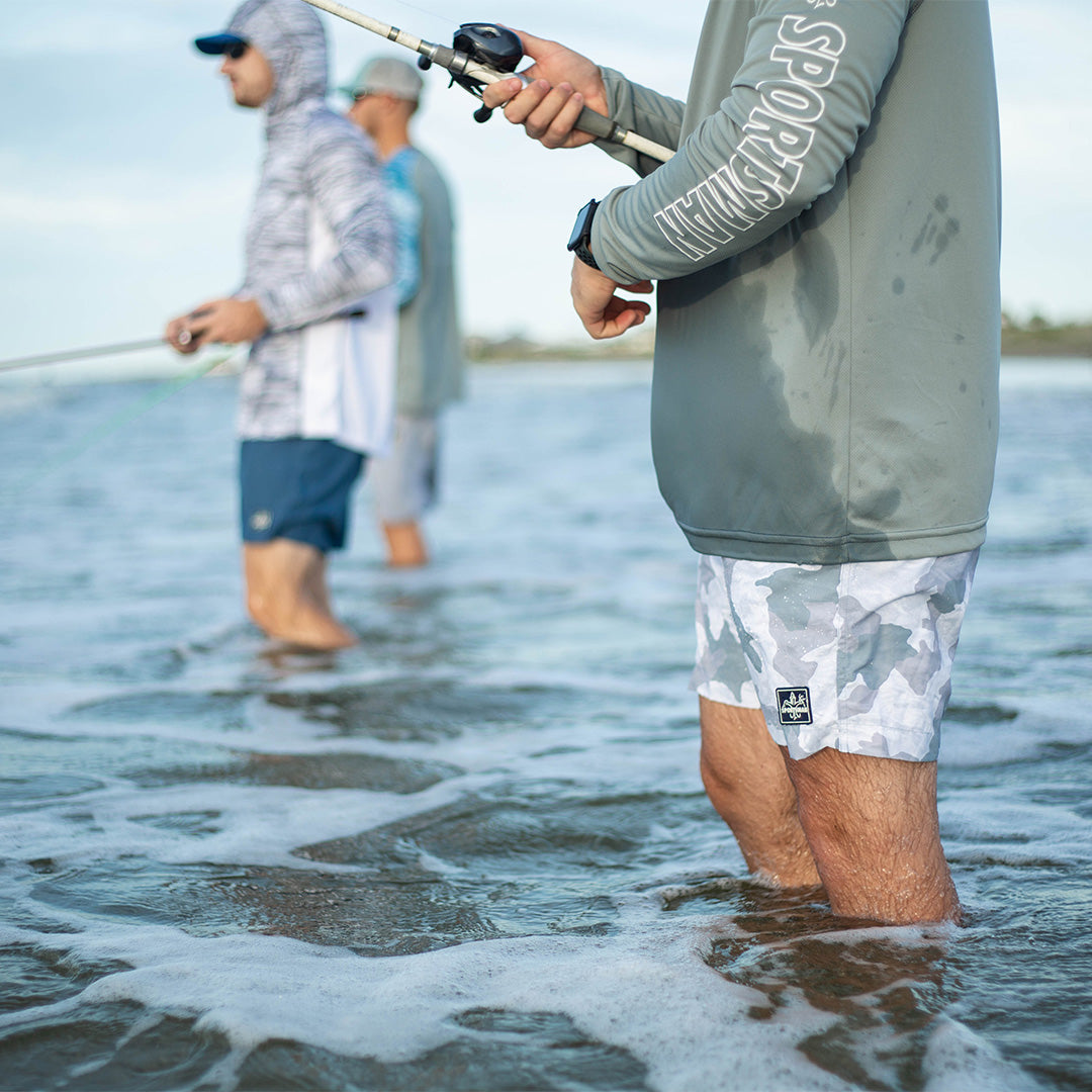 Men's White/Grey Camo & Navy Scout Swim Trunks & Hydrotech Performance Fishing Shirts - Sportsman Gear
