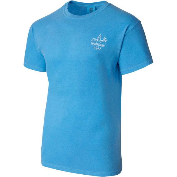 Sportsman Blue Short Sleeve Shirt Classic Logo - White Deer, Duck, Fish Fleur-de-lis  