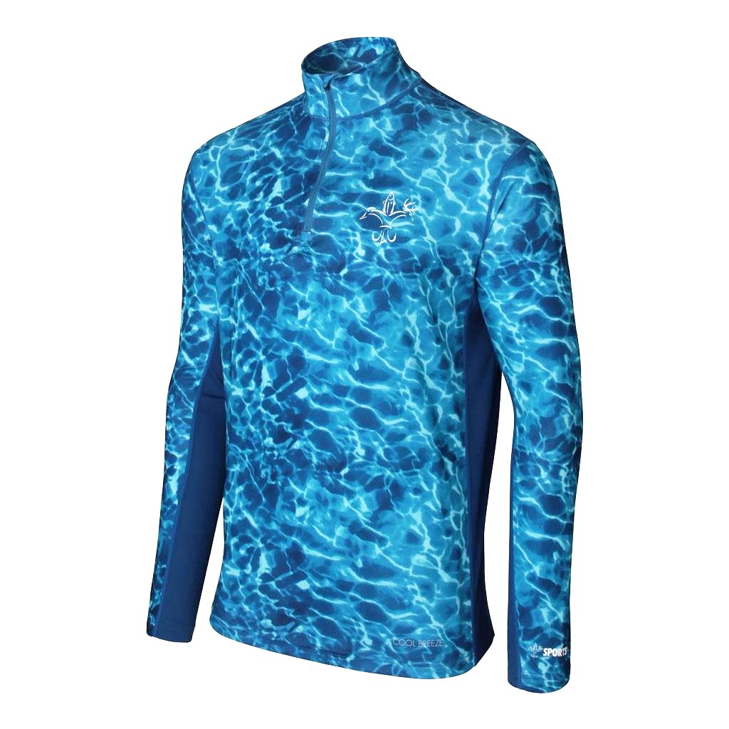 Sportsman cool breeze quarter zip long sleeve performance fishing shirt blue and white - deer duck fish hook fleur-de-lis logo